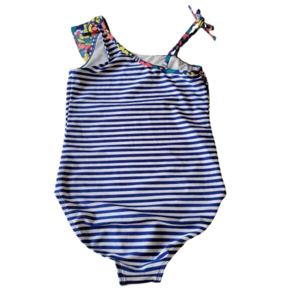 Cat & Jack Girls One Piece Swimsuit Size L 10-12 Floral Ruffle Blue White Stripe - Picture 3 of 10